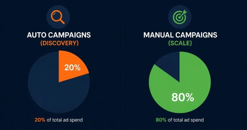 Amazon auto campaigns vs manual campaigns showing a 20% auto and 80% manual PPC budget split for discovery and scaling