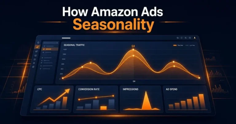 How Amazon Ads Seasonality affects Amazon PPC performance with a dashboard showing seasonal traffic, CPC, conversion rate, impressions, and ad spend trends.