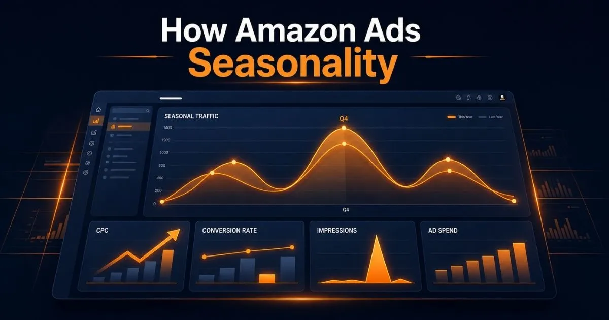 How Amazon Ads Seasonality affects Amazon PPC performance with a dashboard showing seasonal traffic, CPC, conversion rate, impressions, and ad spend trends.
