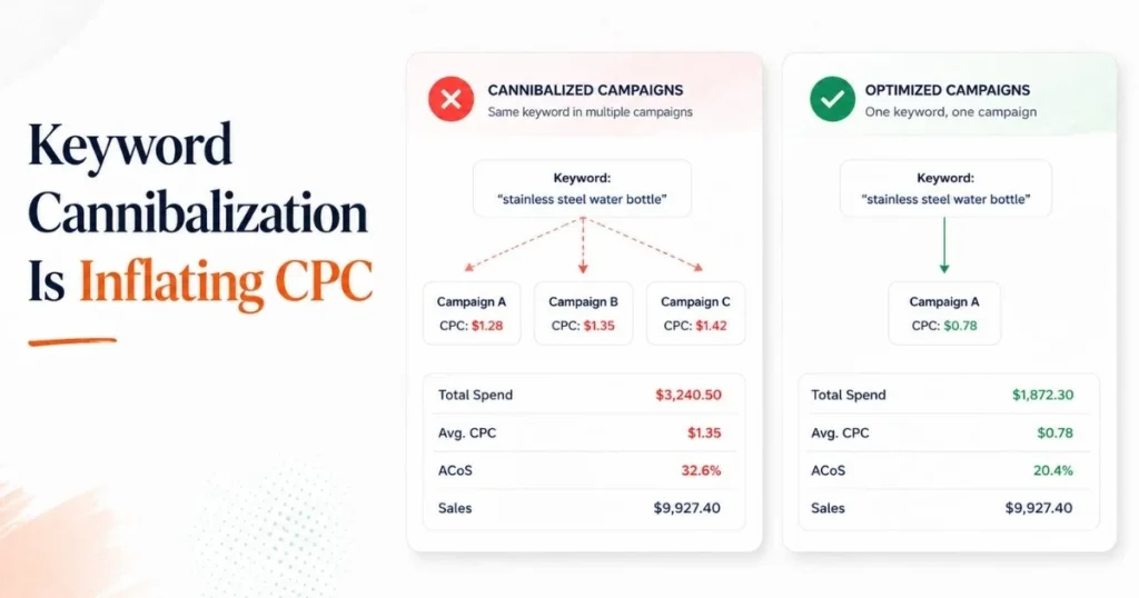 Amazon keyword cannibalization — two campaigns competing on same search term inflating CPC