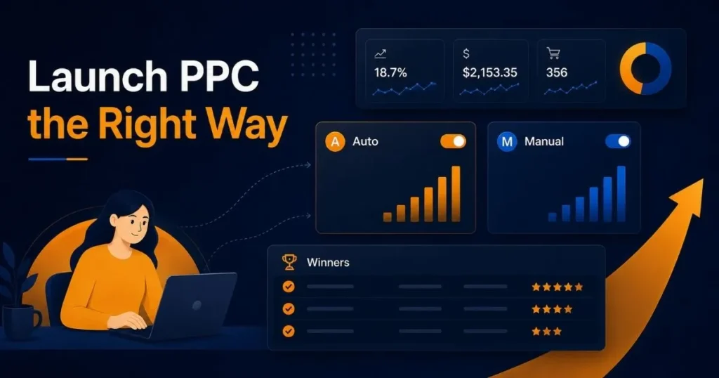 Amazon PPC strategy illustration showing auto and manual campaign structure, performance metrics, and winning keyword overview.