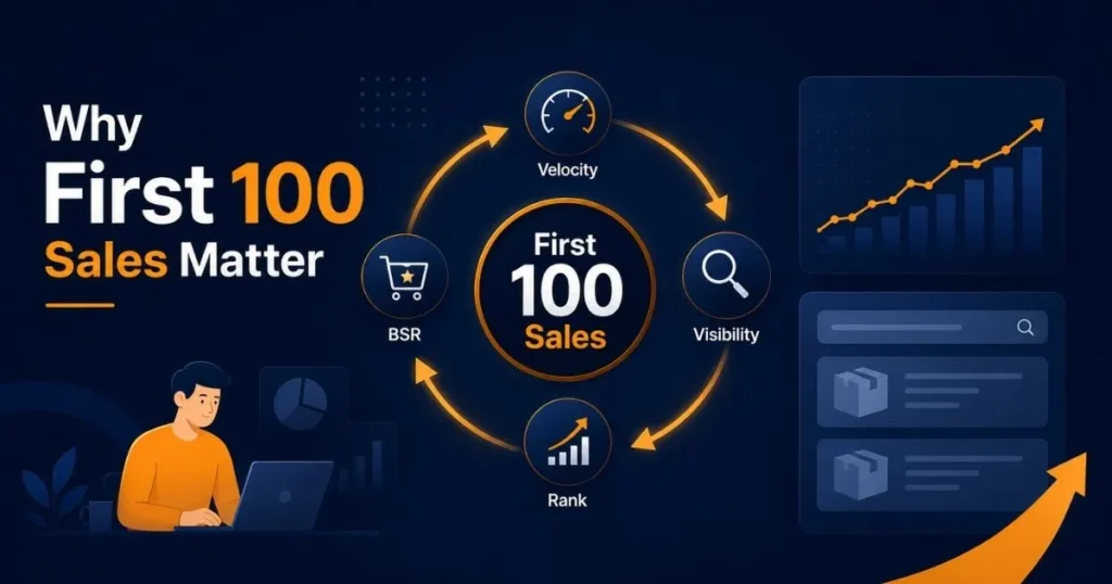 Infographic explaining why the first 100 sales matter, showing the relationship between visibility, rank, BSR, and sales growth.