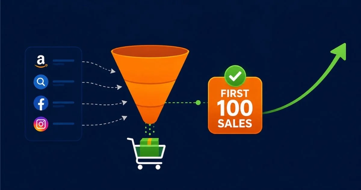 Traffic funnel showing the path to the first 100 sales on Amazon