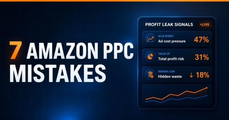 Amazon PPC mistakes hero image showing ACoS, TACoS, hidden waste, and profit leak signals.