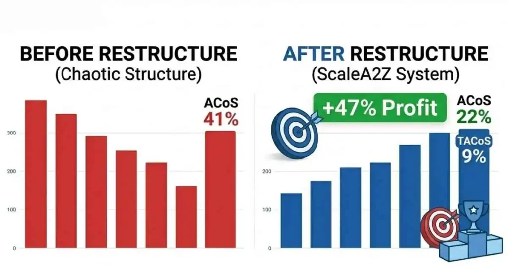 Amazon PPC results before and after restructure, showing ACoS, TACoS, and ROAS improvement