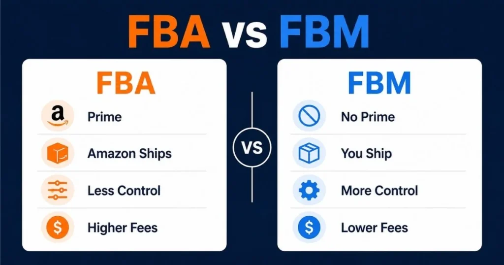 Amazon FBA vs FBM key differences including Prime shipping control and fulfillment fees