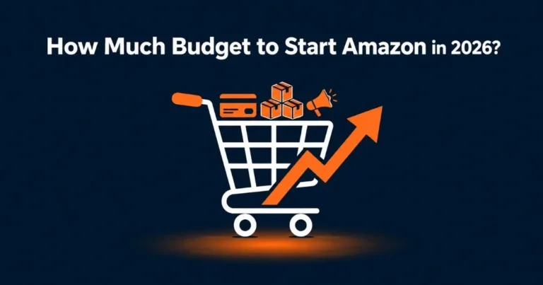 How much budget to start Amazon in 2026 with cart, growth arrow, and startup cost concept