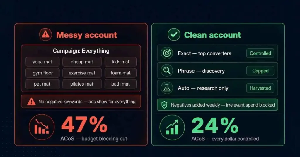 Illustration for Mistake 7: Messy Structure and Weak Negatives. Two-column comparison showing a messy Amazon PPC account — one campaign dumping all keywords (yoga mat, bath mat, pet mat, gym floor) with no negative keywords and a 47% ACoS — against a clean account with three separate campaigns (exact, phrase, and auto), weekly negative keyword hygiene, and a controlled 24% ACoS.
