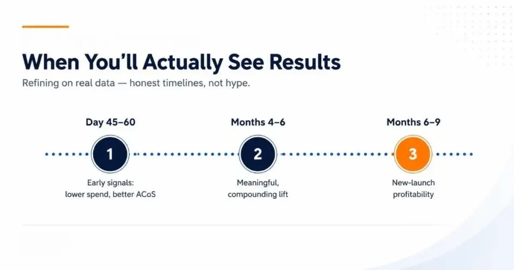 When results appear: early signals by day 45–60, lift in months 4–6, new-launch profitability in months 6–9