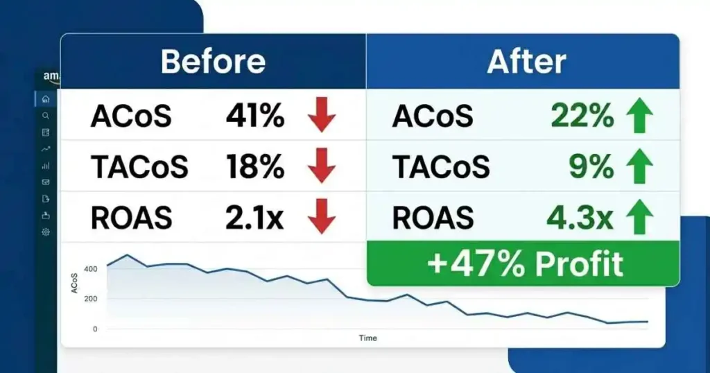 PPC case study snapshot showing ACoS drop from 41% to 22% and profit increase of 47%