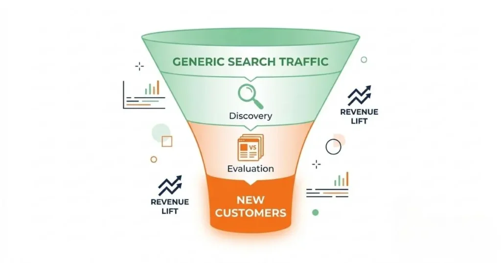 Amazon non-branded advertising funnel showing generic search traffic moving through discovery, evaluation, conversion, and new customer acquisition