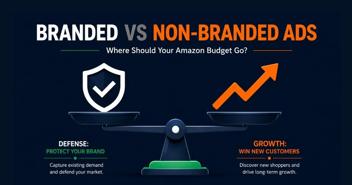 Branded vs non-branded Amazon ads comparison showing brand defense versus new customer growth for PPC budget allocation