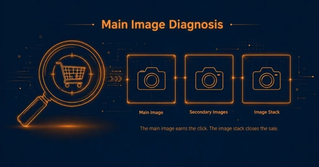 Main image diagnosis showing shopping cart scan, main image, secondary images, and image stack for Amazon listing conversion