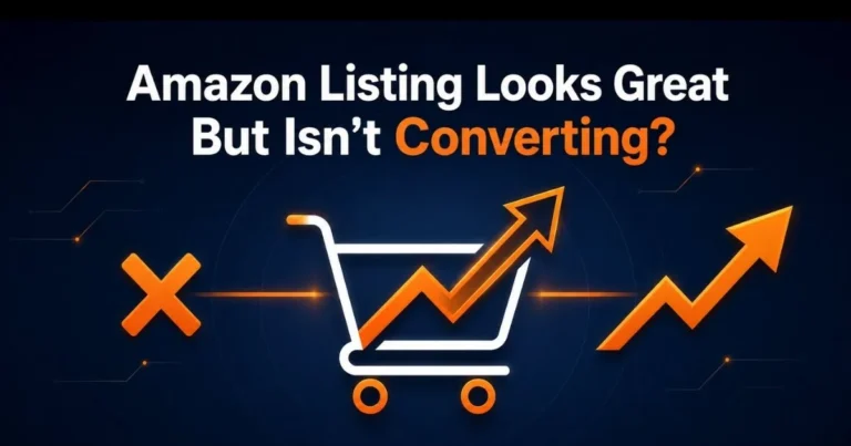 Amazon listing not converting hero image showing a shopping cart, failed conversion symbol, and growth arrow
