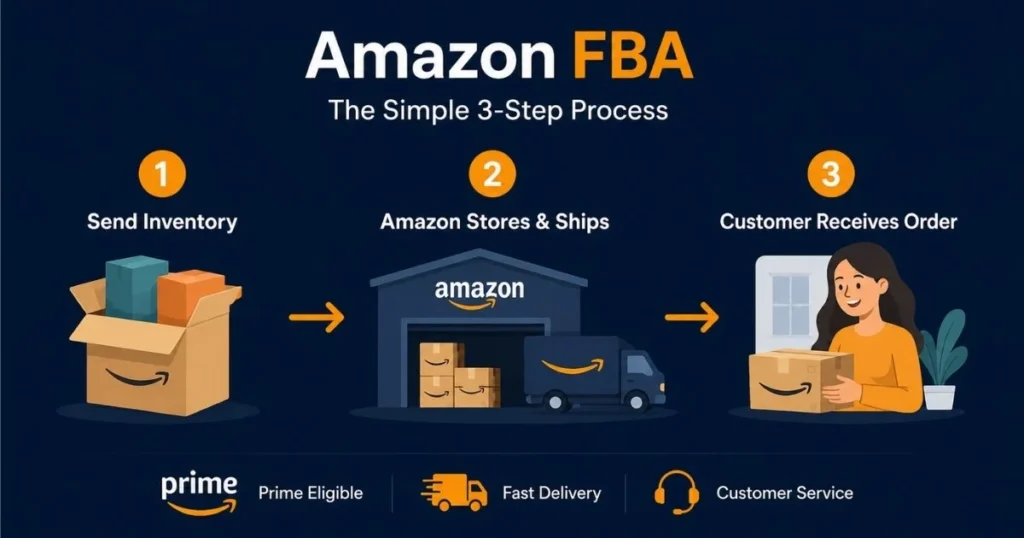 Amazon FBA process showing inventory sent to Amazon stored shipped and delivered to customer