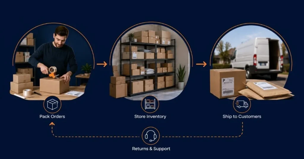Amazon FBM fulfillment process showing seller packing orders storing inventory and shipping to customers