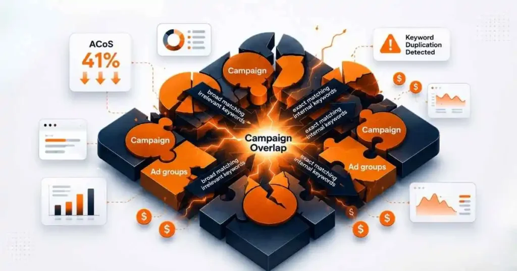 Broken Amazon PPC campaign structure with campaign overlap and keyword duplication