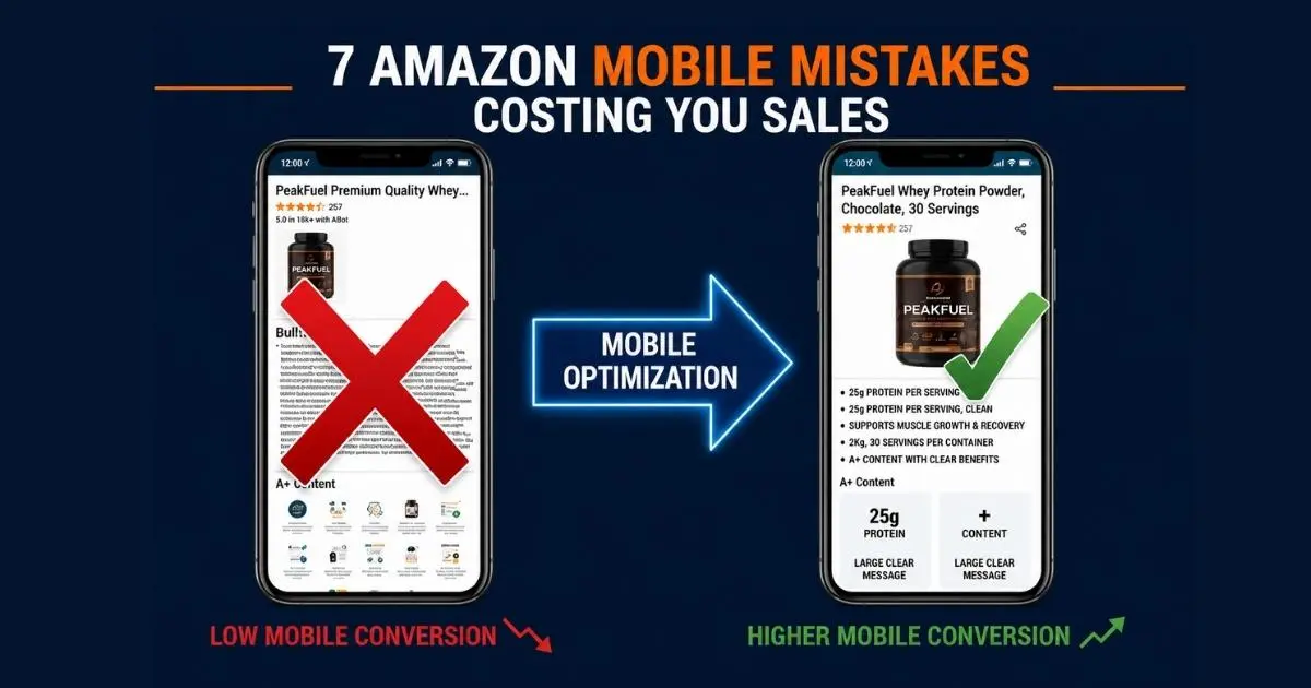 Amazon mobile conversion mistakes shown through a before-and-after product listing comparison to improve mobile conversion rates.