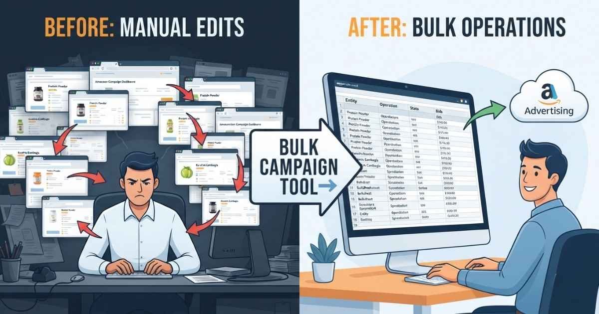 Split-screen comparison showing chaotic manual Amazon Campaign Manager tabs on the left versus the free Amazon PPC bulk campaign tool organized in an Excel bulksheet on the right.