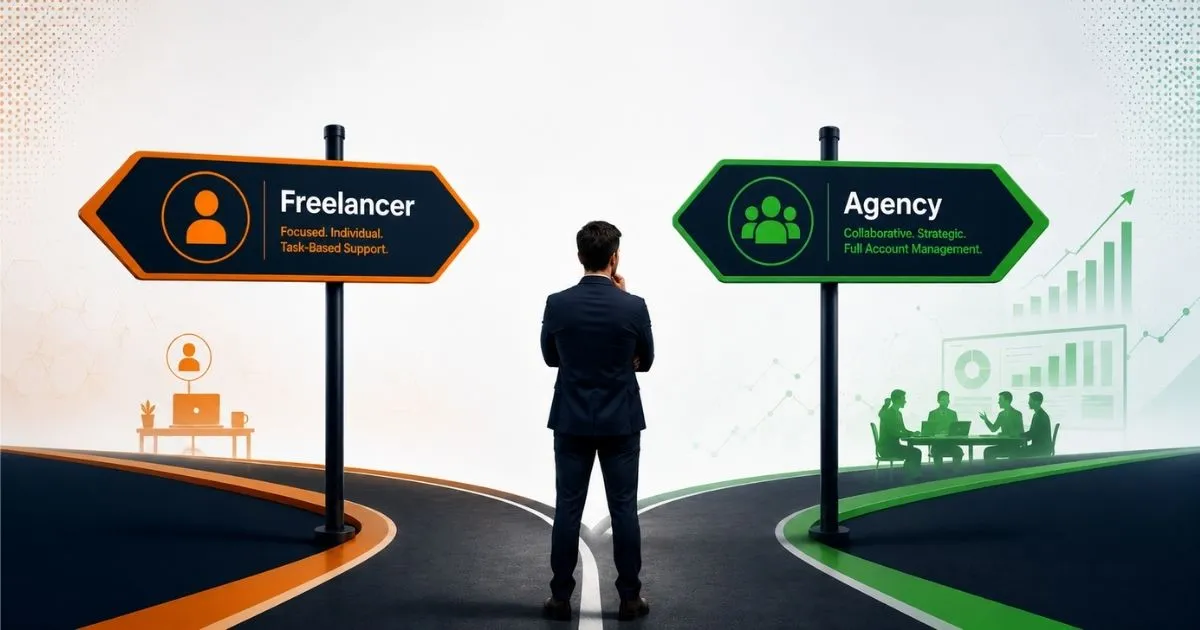 Amazon agency vs freelancer comparison showing a business owner choosing the right Amazon account management solution.