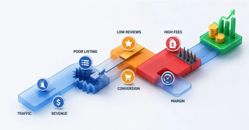 Amazon growth path showing traffic conversion margin low reviews poor listing and high fees obstacles