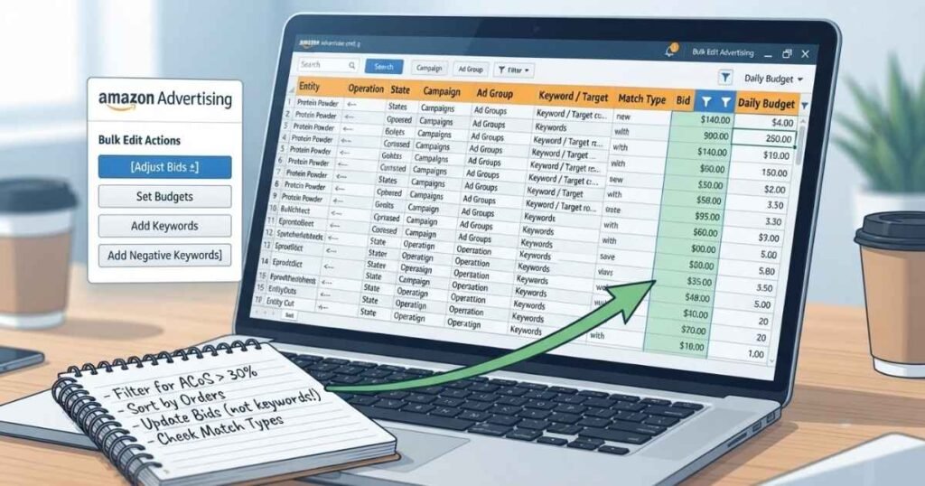 Close-up of an Excel bulksheet showing filtered columns for bids, budgets, and keywords being updated in bulk.