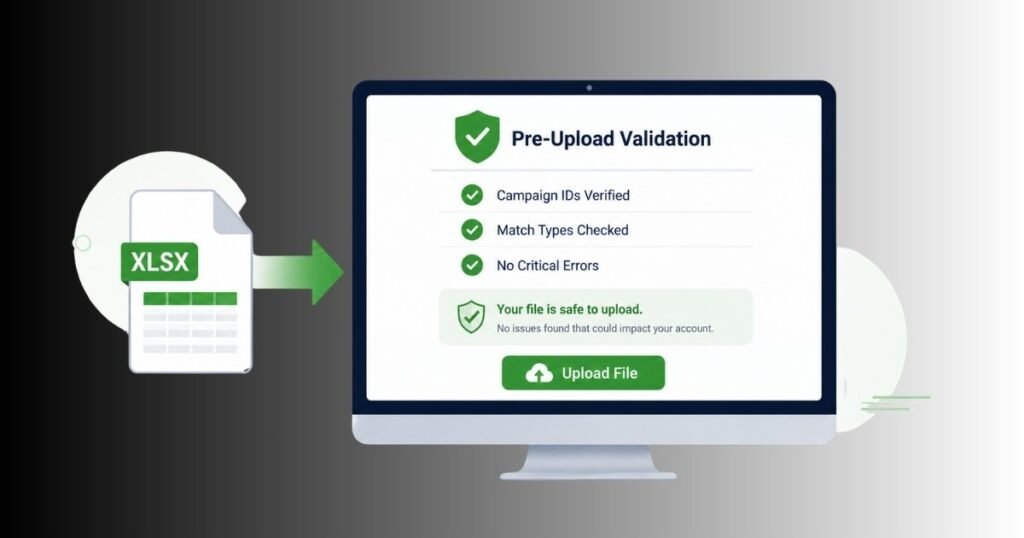 Pre-upload validation checklist showing verified campaign IDs, checked match types, and safe file status.