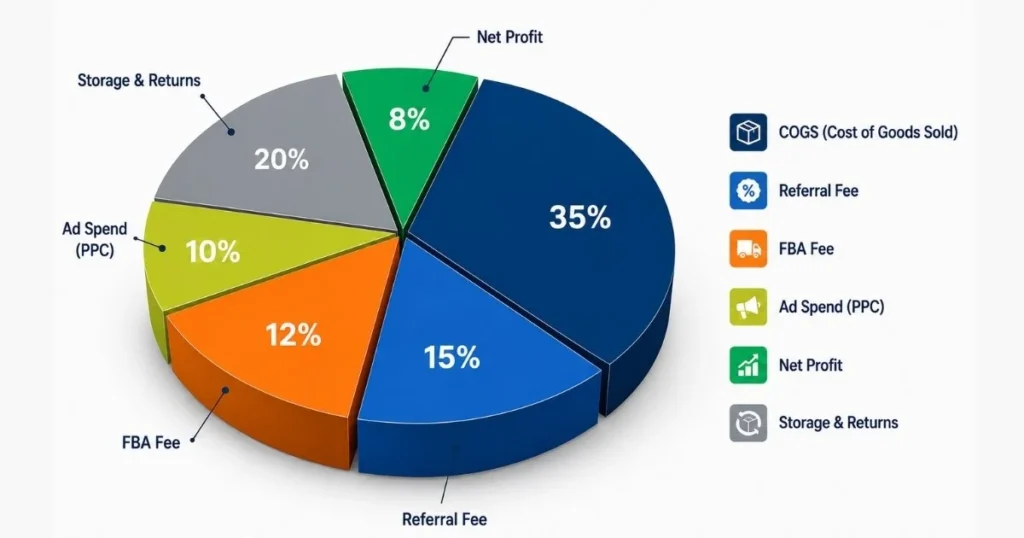Amazon unit economics breakdown showing COGS referral fee FBA fee ad spend and net profit