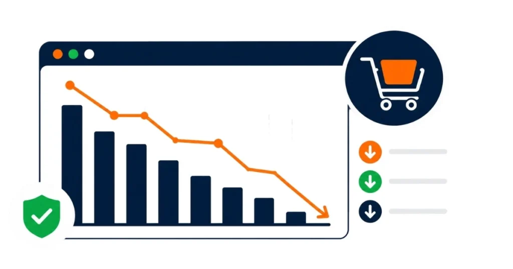 Declining Amazon sales chart with cart and checklist icons showing reasons for Buy Box percentage dropping