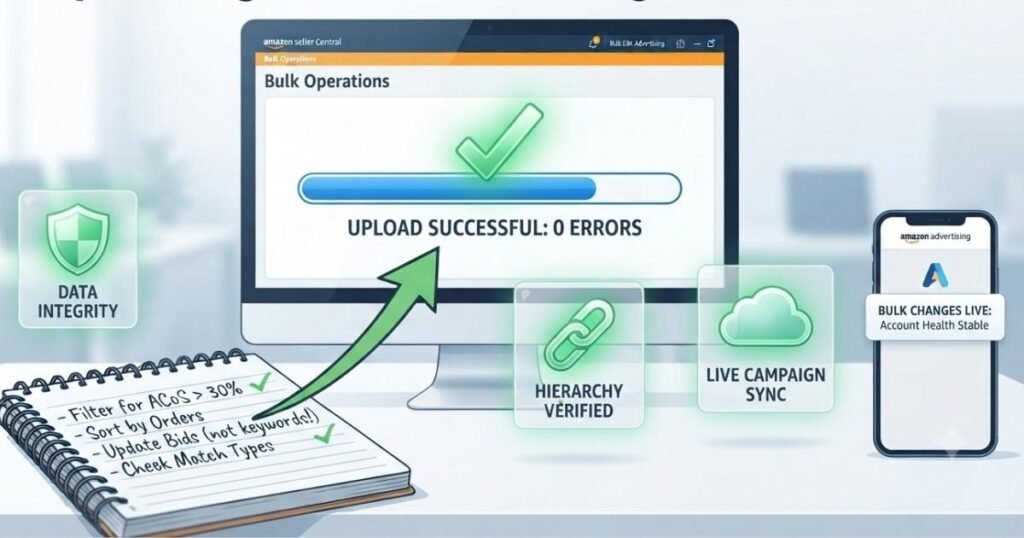 Computer screen showing a successful Amazon bulk operations spreadsheet upload with zero errors.