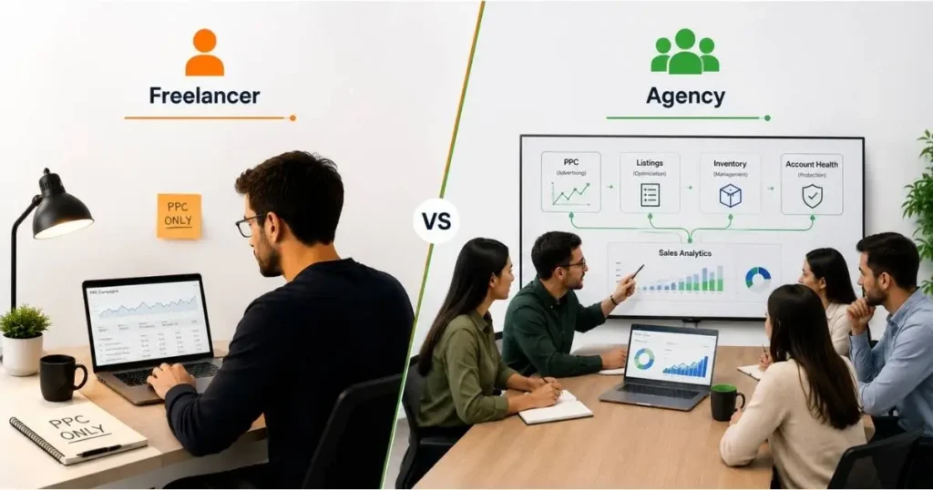 Side-by-side comparison of an Amazon freelancer working alone versus an agency team managing PPC, listings, inventory, and account health.