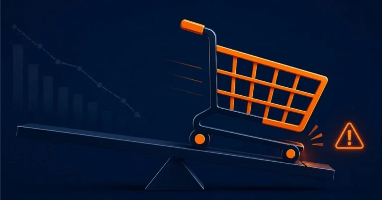 Amazon Buy Box percentage dropping shown with a shopping cart losing balance and a declining sales chart