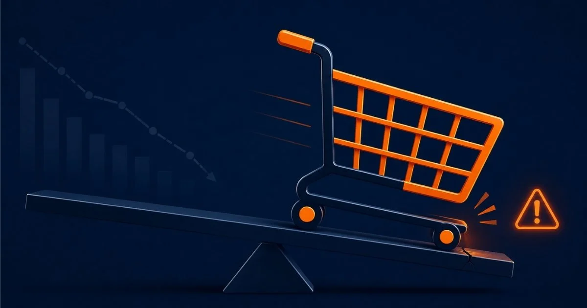 Amazon Buy Box percentage dropping shown with a shopping cart losing balance and a declining sales chart