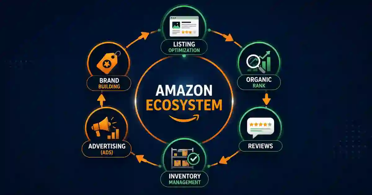 Amazon ecosystem flywheel showing listing optimization, organic rank, reviews, inventory management, advertising and brand growth