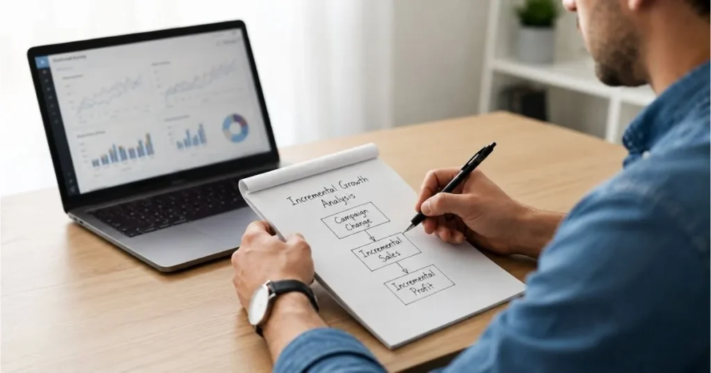 Business analyst measuring incremental growth by reviewing campaign results instead of dashboard activity metrics.