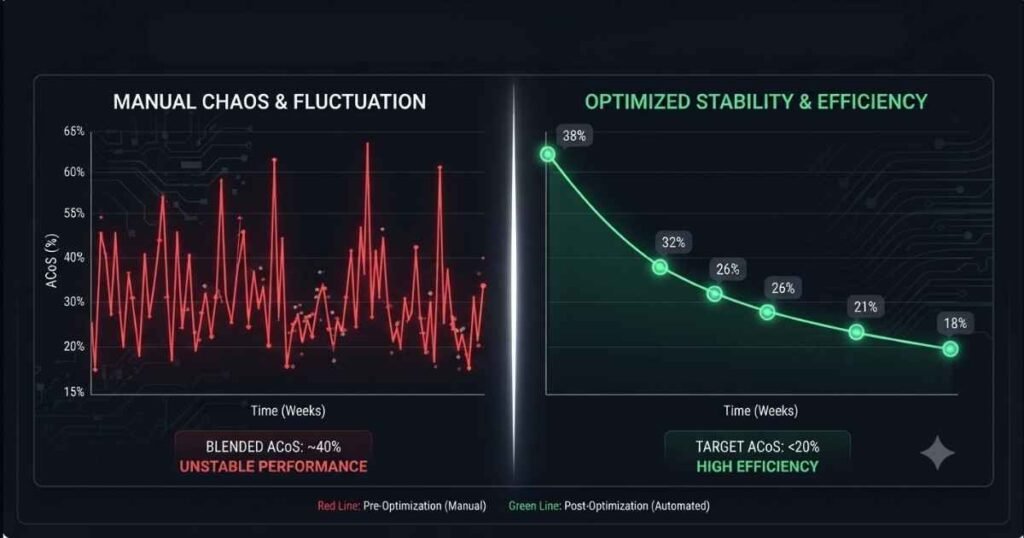 Side-by-side comparison of manual and automated Amazon PPC performance showing unstable versus optimized ACoS trends over time.