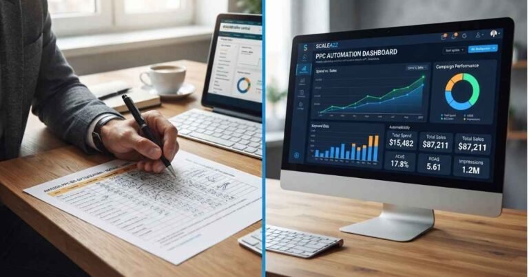 Manual PPC vs automation tool comparison for Amazon Ads showing manual campaign management versus automated PPC optimization with improved performance.