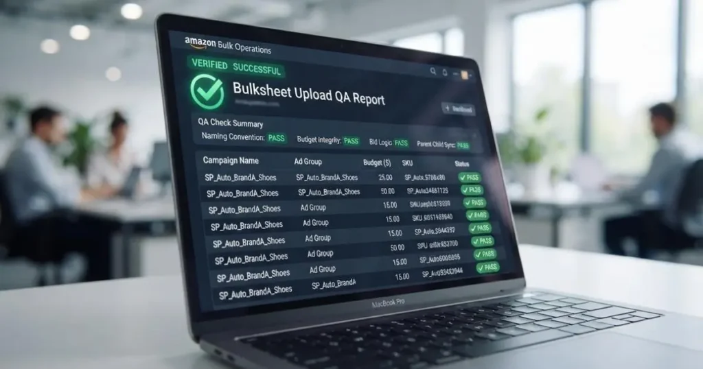 Amazon PPC bulksheet QA review showing verified campaign names, budgets, bids, and upload checks