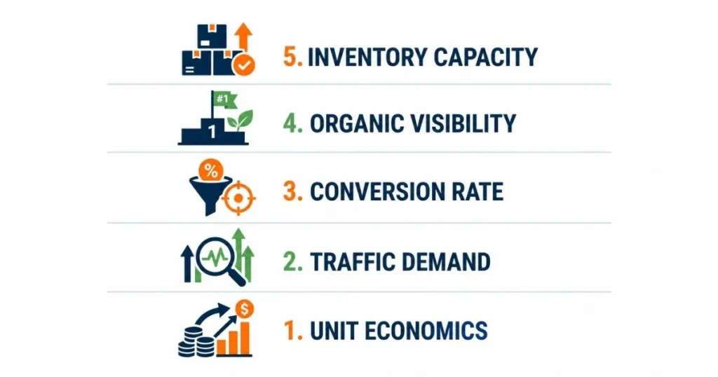 Five data layers behind Amazon scaling illustrating unit economics, traffic demand, conversion rate, organic visibility, and inventory capacity.