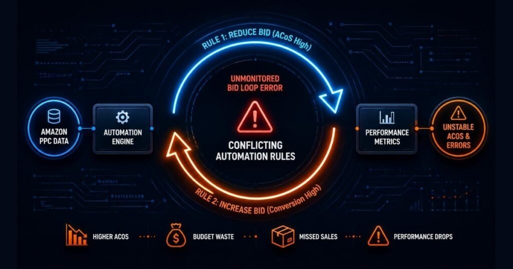 Amazon PPC automation rule conflict causing bid loop and higher ACoS.