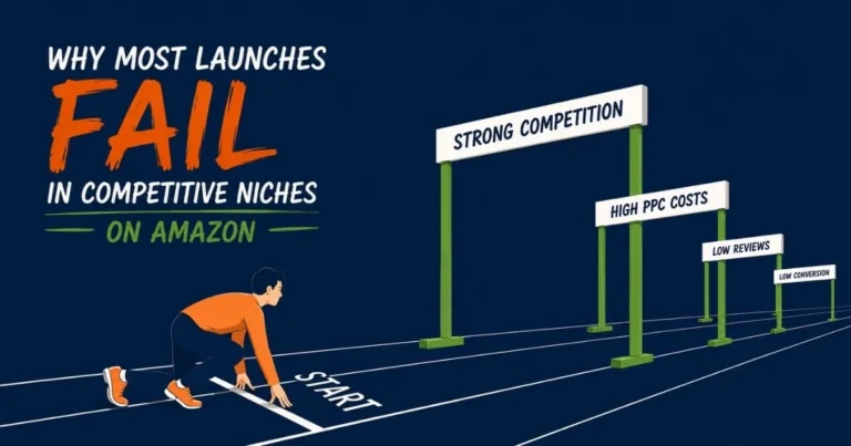 Amazon product launch in competitive niches illustrated with an iceberg showing hidden launch costs, competition, PPC challenges, ranking difficulties, and profitability risks.