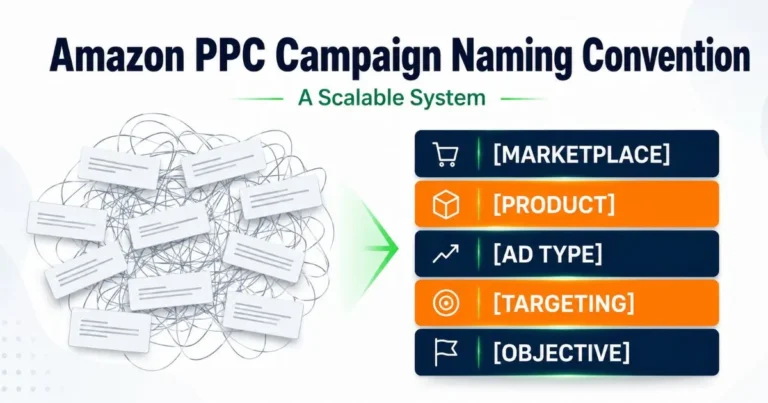 Amazon PPC campaign naming convention showing messy campaign names organized into marketplace, product, ad type, targeting, and objective fields.