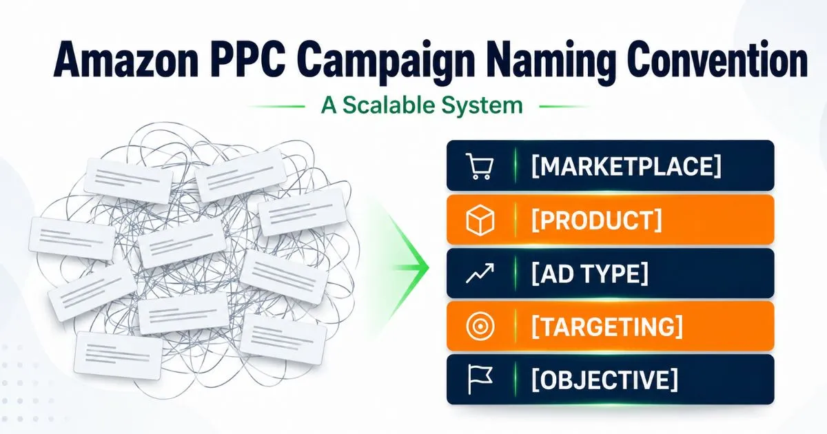 Amazon PPC campaign naming convention showing messy campaign names organized into marketplace, product, ad type, targeting, and objective fields.