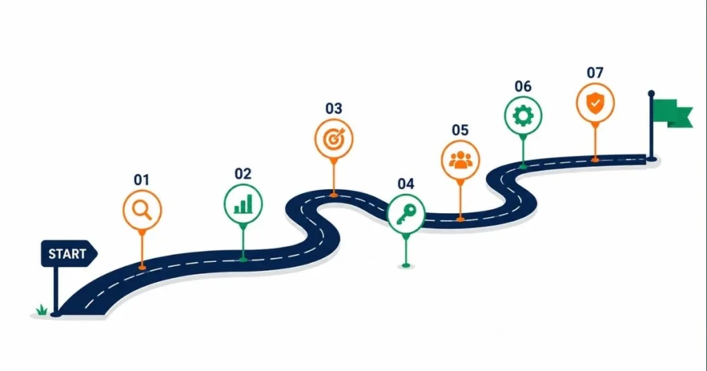 Amazon product launch roadmap with seven key checkpoints for launching and growing a product in a competitive Amazon niche.