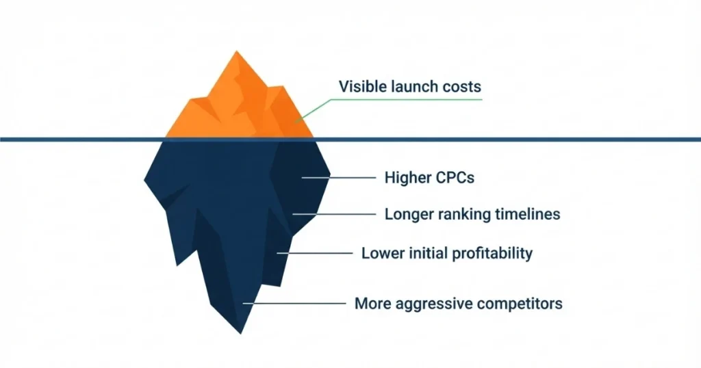 The hidden costs of launching a product in a competitive Amazon niche, including higher CPCs, longer ranking timelines, lower profitability, and aggressive competition.